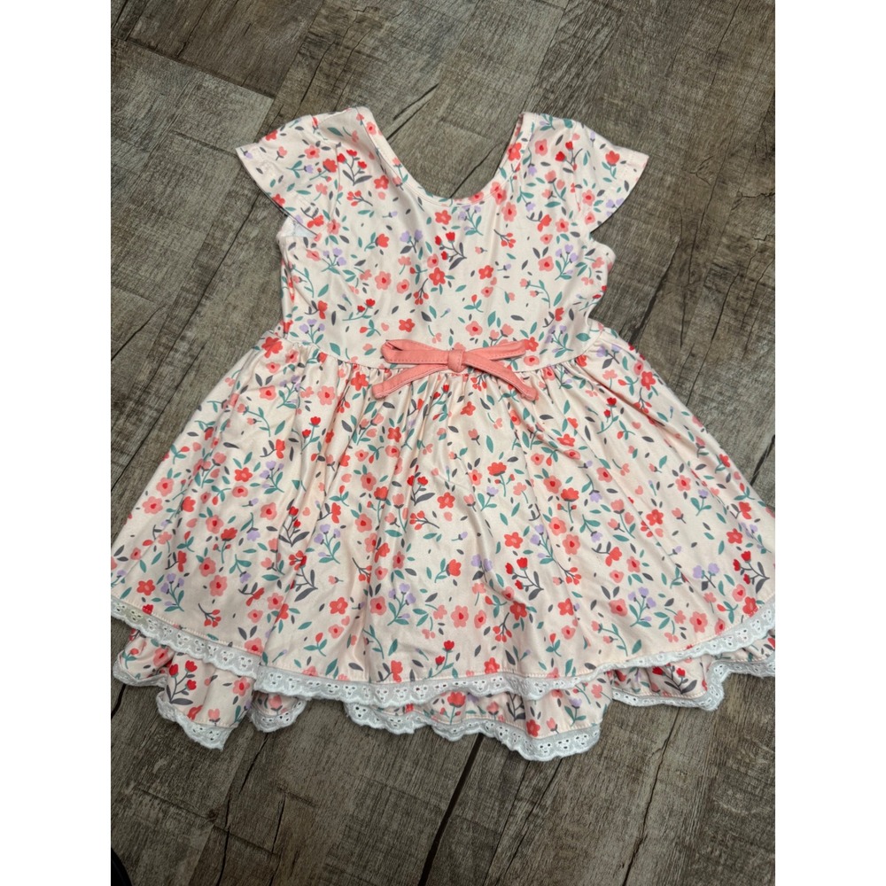 Cheeky Plum Girls Floral Flutter Sleeve Eyelet Lace Trim Dress 18-24M Pink